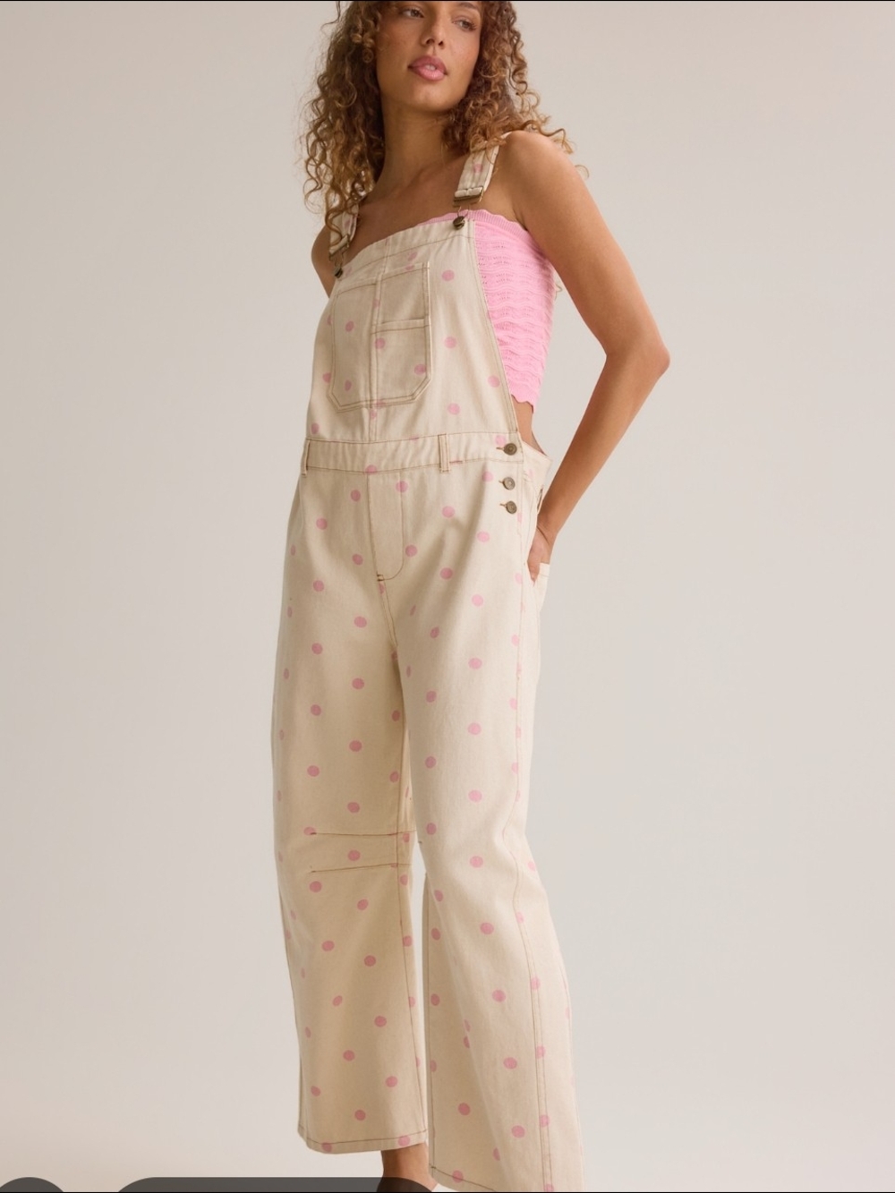 Aven Polka Dot Overalls in Cream & Pink from Altar'd State